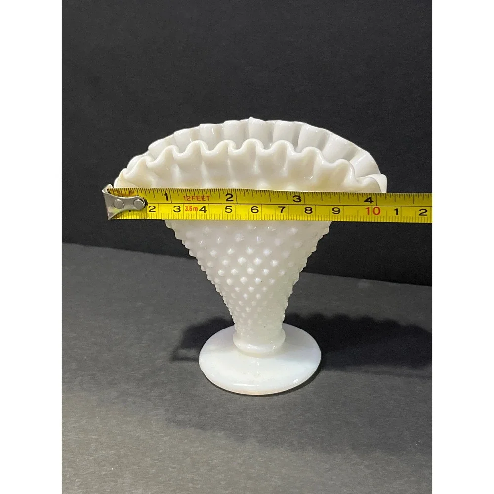 Fenton Milk Glass Hobnail Fan Vase White Ruffled Edge Vintage Mid Century Decor